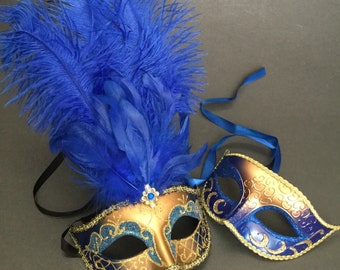Gold Blue Masquerade ball feather mask Pair Birthday Costume Christmas New Year Party