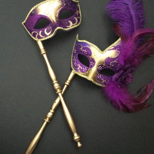 Mardi Gras Carnival Costume Feather Hand Held Purple Masquerade ball mask on stick