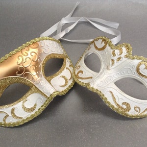 Couples White Gold Masquerade ball Eye Mask Pair