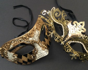 Couple Black Gold Masquerade ball Party Black Silver Harlequin Eye Mardi Gras Mask