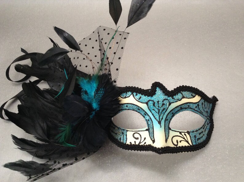 Netting Feather Veils Costume Carnival Party Turquoise Blue Aqua Teal Masquerade ball mask Pair