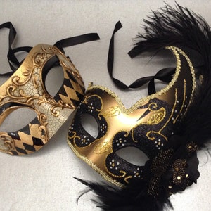 Couples Masquerade ball Party Black Gold Harquin Mask with Feather