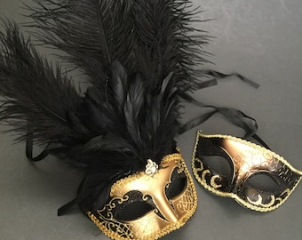Black Gold Masquerade ball feather mask Pair Birthday Costume Christmas New Year Party