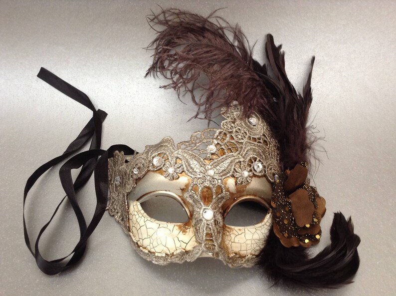 Brocade Lace Light Beige Silver masquerade ball mask ostrich feather