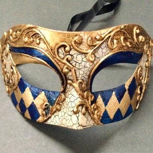 Mardi Gras Carnival Gold Blue White Mens Masquerade ball Harlequin mask