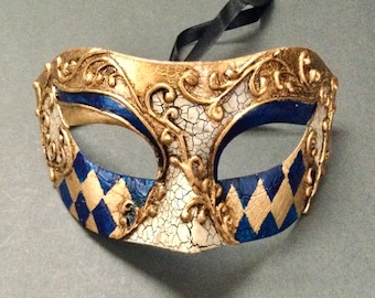 Mardi Gras Carnival Gold Blue White Mens Masquerade ball Harlequin mask