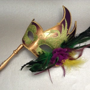 Mardi Gras Carnival Costume Feather Handle Masquerade ball mask on stick