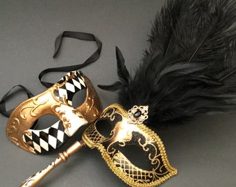 Black Gold Masquerade ball feather mask with handle stick mask