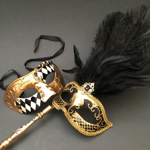 Black Gold Masquerade Ball Mask With Handle Stick Etsy