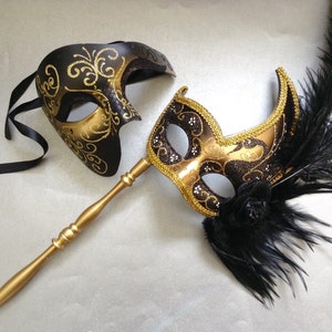 Black Gold Masquerade ball mask with handle stick