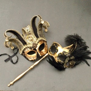 Venetian Jolly Jester Mask Masquerade Carnival Costume music mask Feather stick mask