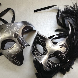 Black Silver Phantom Masquerade ball mask with Ostrich feather