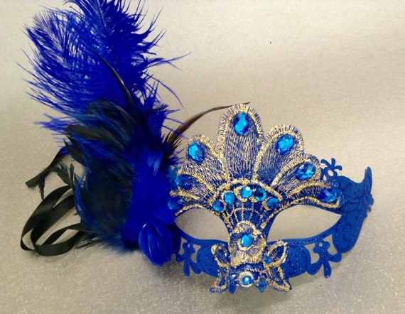 Feather Blue Masquerade Ball Party Blue Gold Eye Lace Mask Etsy