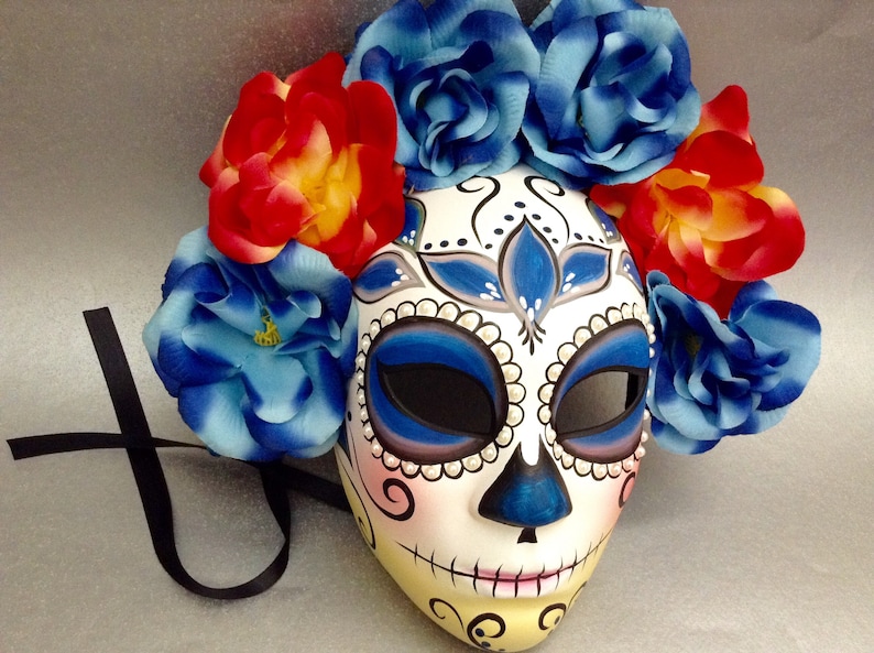 Blue Masquerade full face mask flower feather mini hat day of the dead deco and wearable mask