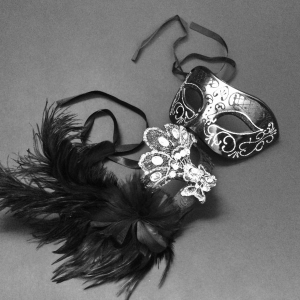 Couples Lace Masquerade ball Mask Party Black Silver Brocade Lace Ostrich Feather