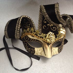 Black Gold Feather Jolly Jester Mardi Gras Party Masquerade ball mask