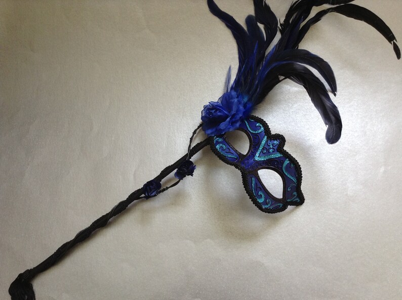 Black Dark Blue Masquerade ball Party Feather roses Stick mask