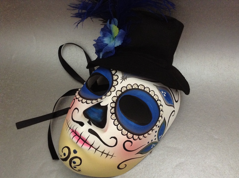 Blue Masquerade full face mask flower feather mini hat day of the dead deco and wearable mask