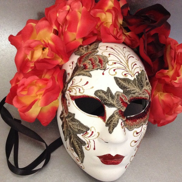 Dia De Los Muertos Orange Embroidery Roses Full Face Mask flower day of the dead deco and wearable mask