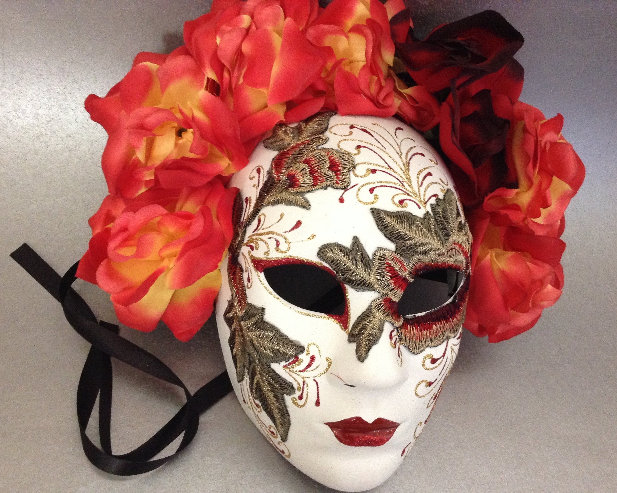Dia De Los Muertos Orange Embroidery Roses Full Face Mask Etsy