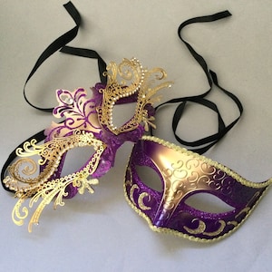 Couples Mardi Gras Carnival Gold Purple Masquerade ball Party Mask Pair