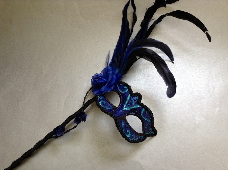 Black Dark Blue Masquerade ball Party Feather roses Stick mask