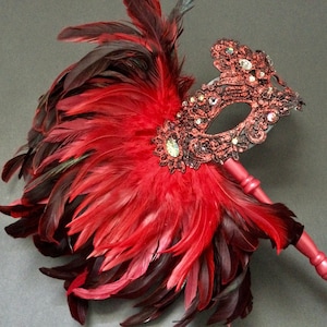 Black Red Lace masquerade mask Hand Held stick with Feather