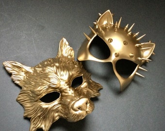 Steampunk Brass Gold Wolf Man boy Mask Cat Woman Mask Cosplay Costume Party