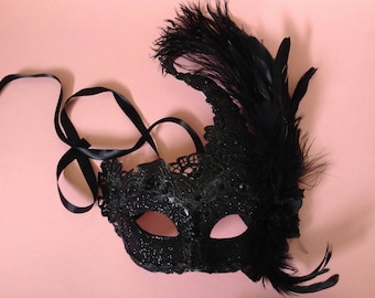 Brocade Lace Black masquerade ball mask with peacock and ostrich feather