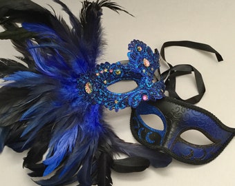 Couples Masquerade ball Party Blue Brocade Lace Mask Mask Pair