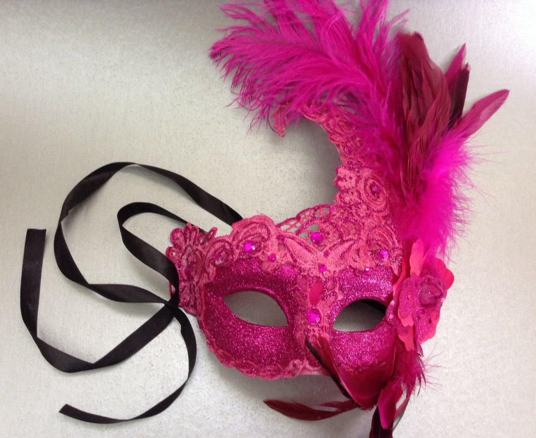 Fuchsia Pink Lace Masquerade Mask With Peacock and Ostrich Feather Etsy
