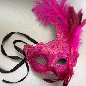 Fuchsia Pink Lace masquerade mask with peacock and ostrich feather