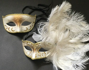 Gold White Masquerade ball feather mask Carnival Parade Costume Cosplay Party