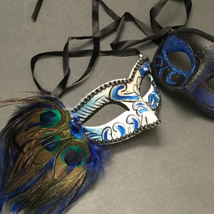 Feather New Year Mardi Gras Party Black Blue Masquerade ball mask