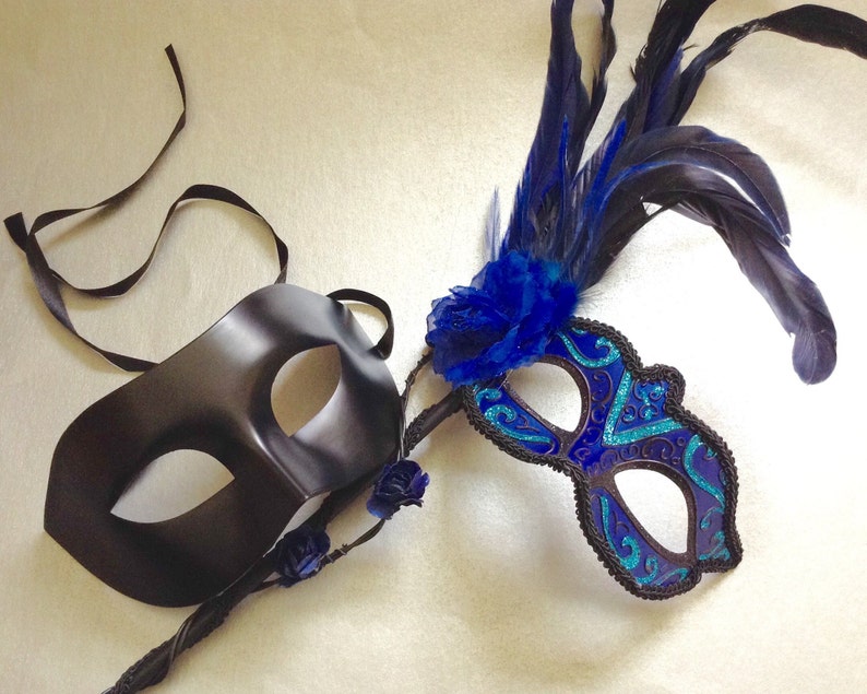 Black Dark Blue Masquerade ball Party Feather roses Stick mask