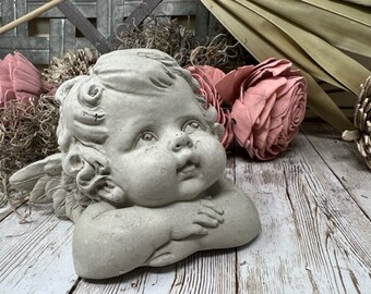 Concrete angel, Concrete cherub, Angel Statue, Paper weight Gift, Home accent, Concrete decor accent. Dimensions: L - 5" D - 3" H" - 3 1/2"