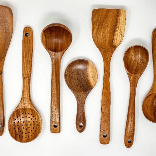 7 Piece Set Natural Teak Wood Cooking Utensils Etsy
