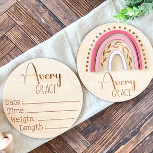 Boho Baby Name Announcement, Personalized Birth Announcement Sign for Newborn, Rainbow Hospital Name Sign for Birth Stats, Double Sided