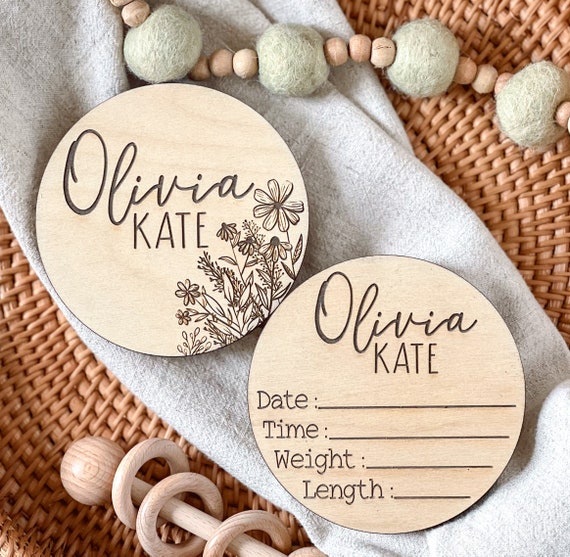 Baby Birth Announcement Sign, Personalized Baby Name Sign for Hospital, Newborn Birth Stat Sign, Double-Sided Wood Baby Photo Prop