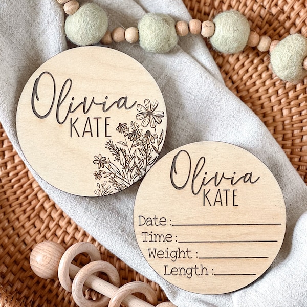 Personalized Baby Name Sign for Hospital, Newborn Birth Announcement, Double-Sided Birch Wood Birth Stats Keepsake, Baby Shower Gift