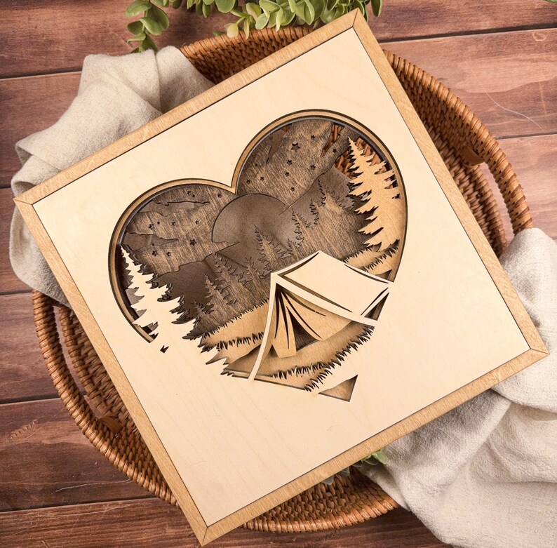 Camping Heart Wood Sign, Personalized Camping Decor, Camper Gift, Outdoor Lover Gift, Rustic Cabin Wall Art, Nature Mountain Sign image 2