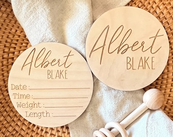 Personalized Baby Birth Announcement Sign, Newborn Baby Name Sign for Hospital, Double Sided Wood Birth Stat Sign, Baby Photo Prop