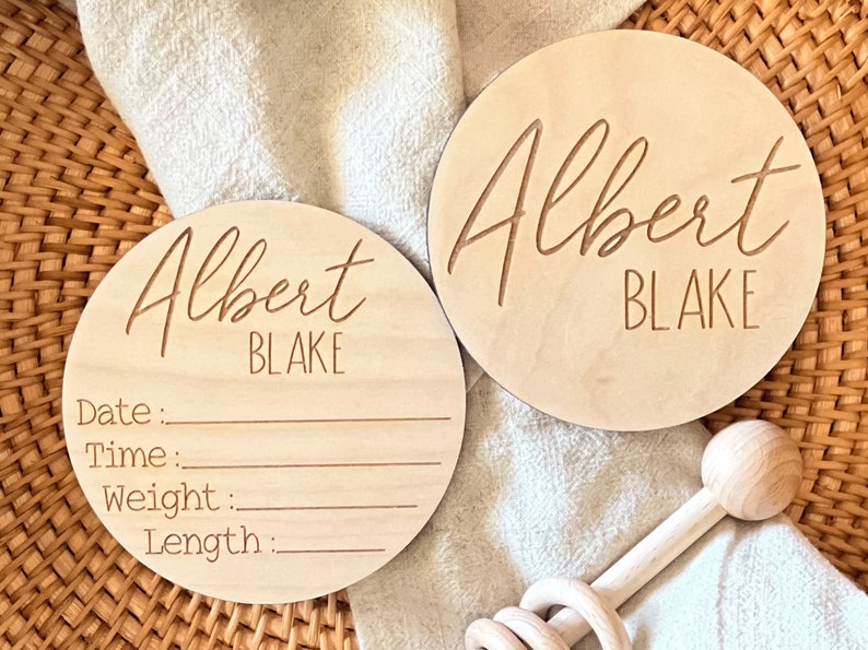 Personalized Baby Birth Announcement Sign, Newborn Baby Name Sign for Hospital, Double Sided Wood Birth Stat Sign, Baby Photo Prop image 1