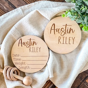 Personalized Newborn Baby Name Sign for Hospital, Baby Birth Announcement Sign,  Double Sided Wood Birth Stat Sign, Baby Photo Prop