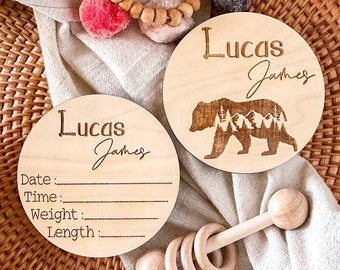 Personalized Baby Birth Announcement Sign, Newborn Baby Name Sign for Hospital, Double Sided Wood Birth Stat Sign, Baby Photo Prop