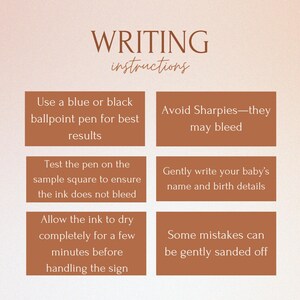 Wooden sign writing tips image showing how to get clean results when filling in baby details.