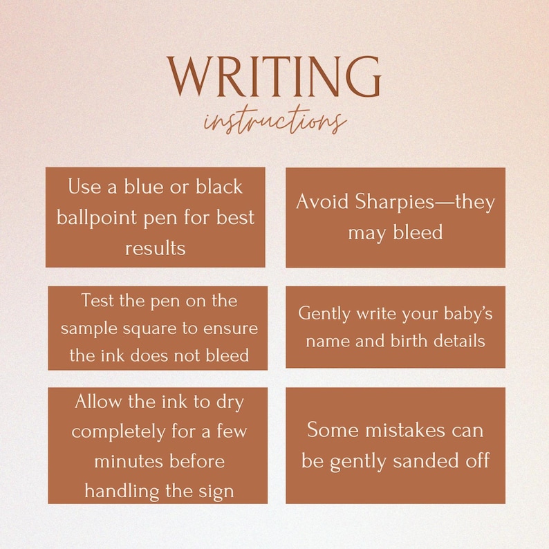 Wooden sign writing tips image showing how to get clean results when filling in baby details.