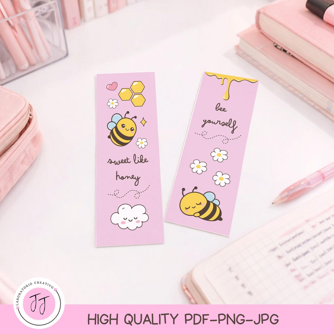 Cute Bee Bookmark Printable PNG – Kawaii Honey Bee Bookmark Set, Sweet ...