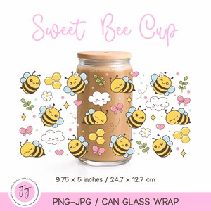 Floral Honey Bee Glass Can Wrap PNG – 16oz Libbey Iced Coffee Design, Cute Daisy Bee Sublimation
