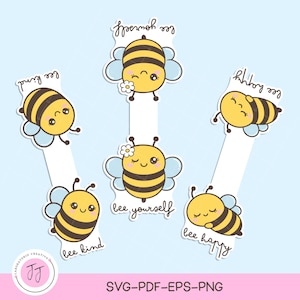 Può includere: Una collezione di adesivi di api dei cartoni animati con le frasi "bee kind", "bee yourself" e "bee happy". Le api sono gialle e nere con ali blu e facce sorridenti. Lo sfondo è azzurro.